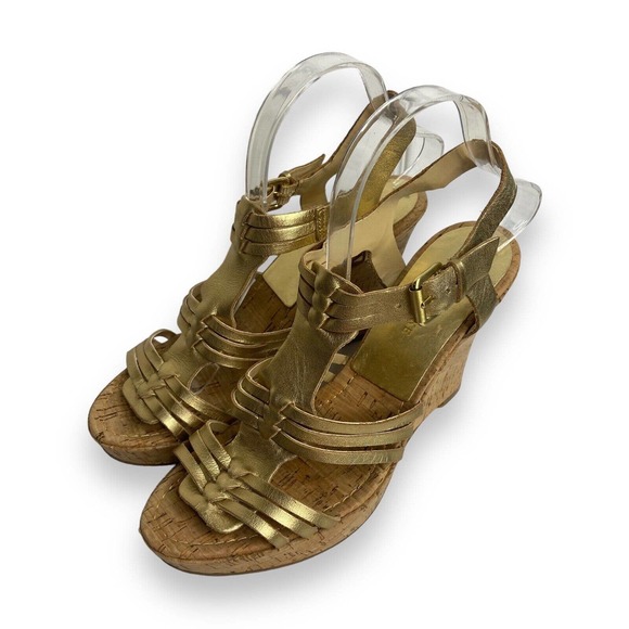 Audrey Brooke Carina Cage Gladiator Wedge High Heel Sz 10M Gold Leather Metallic - Picture 2 of 12